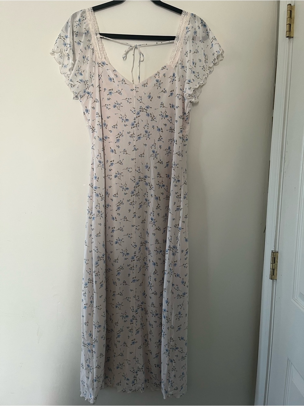 White Blue Ditsy Floral Cottagecore Babydoll Lace Midi Dress XL Romantic Dainty - Picture 7 of 9